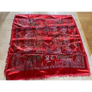 Vintage Asian Tapestry Brocade Piano Shawl Red Chinese 58" Tablecloth Excellent